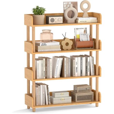 COSTWAY Libreria Verticale a 4 Livelli,con Gambe in Legno di Pino,Protezione dei Bordi,per Soggiorno