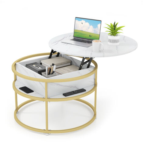 COSTWAY Lift Top Coffee Table 80cm Round Center Table with Side Shelves-White