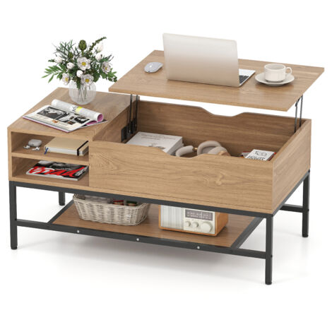 COSTWAY Lift Top Coffee Table Living Room Table w/ Storage Shelf-Natural