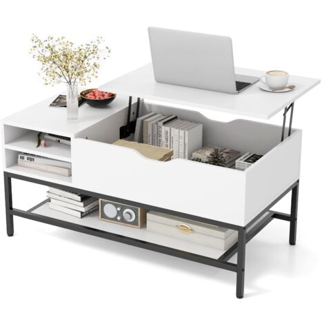 COSTWAY Lift Top Coffee Table Living Room Table w/ Storage Shelf-White
