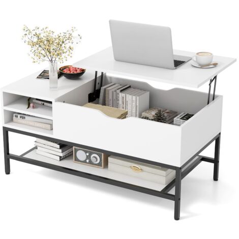 COSTWAY Lift Top Coffee Table Living Room Table w/ Storage Shelf-White