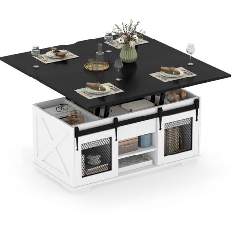 COSTWAY Lift Top Coffee Table with 2 Sliding Barn Doors and Open Shelves Black