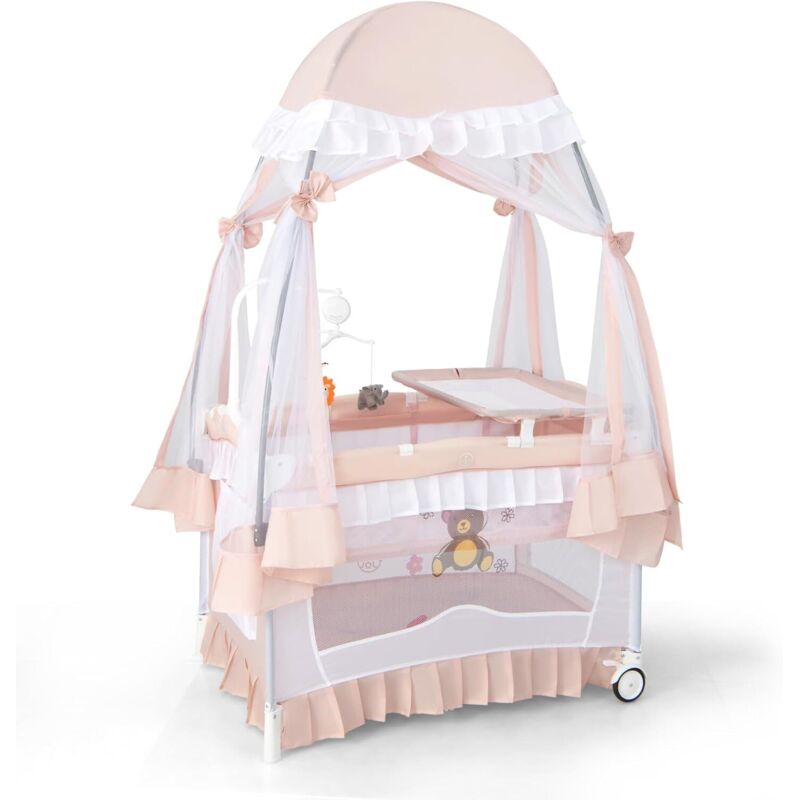 COSTWAY Lit bébé 4 en 1 avec baldaquin amovible, lit de voyage avec matelas, matelas à langer, arche de jeu et boîte à musique, lit d'appoint avec