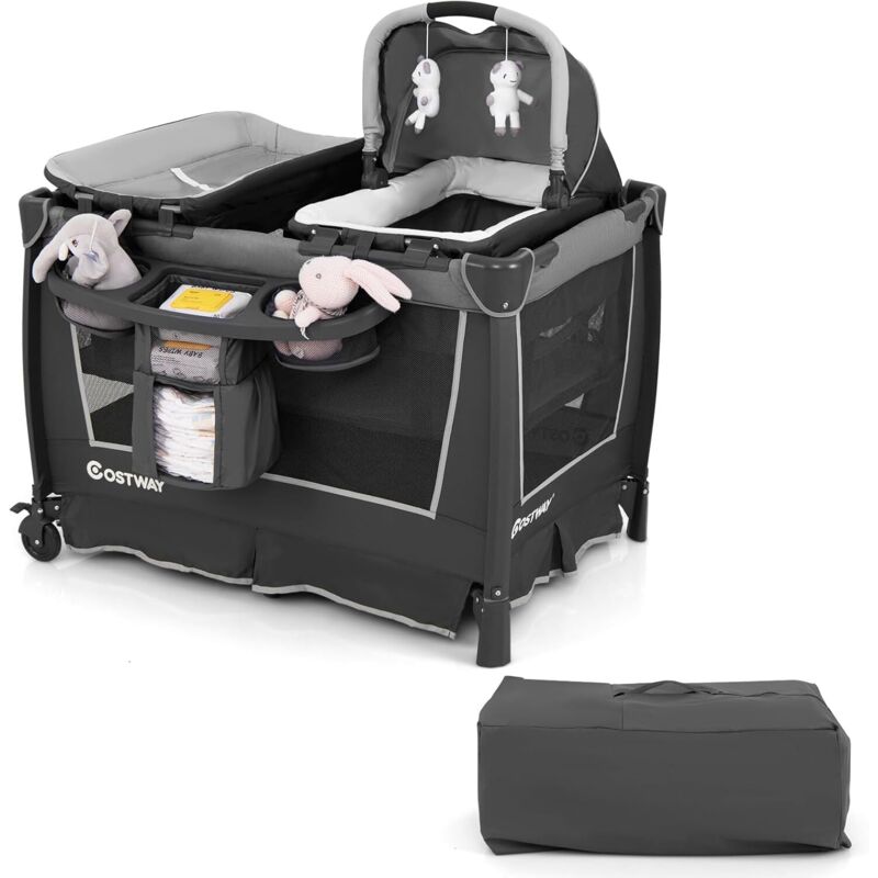 COSTWAY Lit bébé 5 en 1, lit de voyage avec berceau amovible et matelas à langer, lit de voyage pour enfant avec matelas, sac de transport et