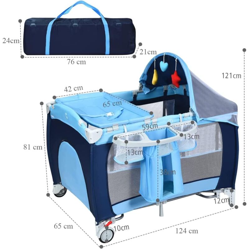 Costway Lit Bebe Parapluie Pour Voyage Avec Matelas Bleu 1 X 60 X 76 Cm 2 Etages Moustiquaire 3jouets Boite A Musique Avec Lumiere 0440bl