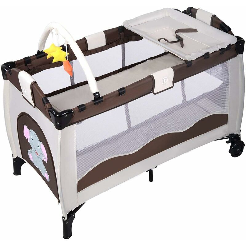 Costway - Lit Bébé Pliable de Voyage Lit Parapluie Multi-Fonction Portable avec Table à Langer Roulettes Brun 120 x 60 x 78 cm
