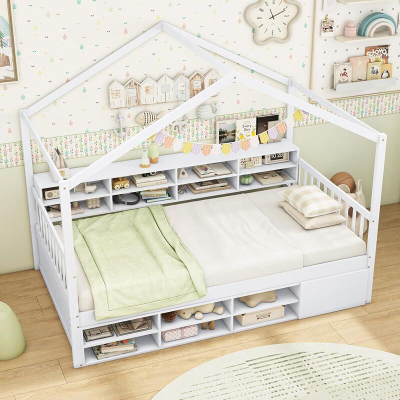 Lit Cabane Enfant 90x200 cm, Lit d'enfants en Bois avec 14 Cubes de Rangement et Armoire avec Porte, Sommier à Lattes et Protection Contre Les Chutes