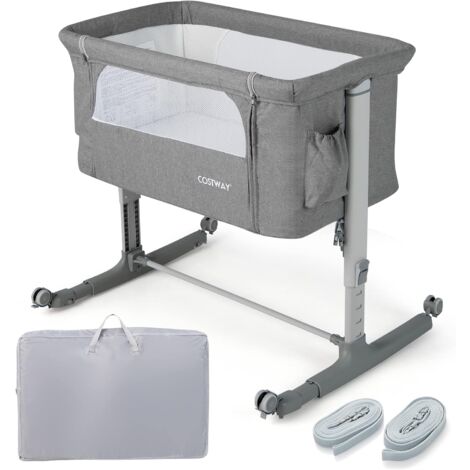 Costway – Lit cododo bébé 3 en 1 – Hauteur réglable 5 niveaux – Inclinaison 10° – Matelas confortable – Maille respirante – Sac de voyage inclus – Gris clair