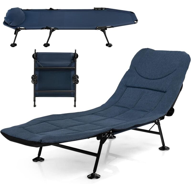 COSTWAY Lit de Camping Pliant avec Matelas Détachable, Chaise Longue de Camping avec Dossier Réglable à 6 Positions et Patins de Pied Pivotante à