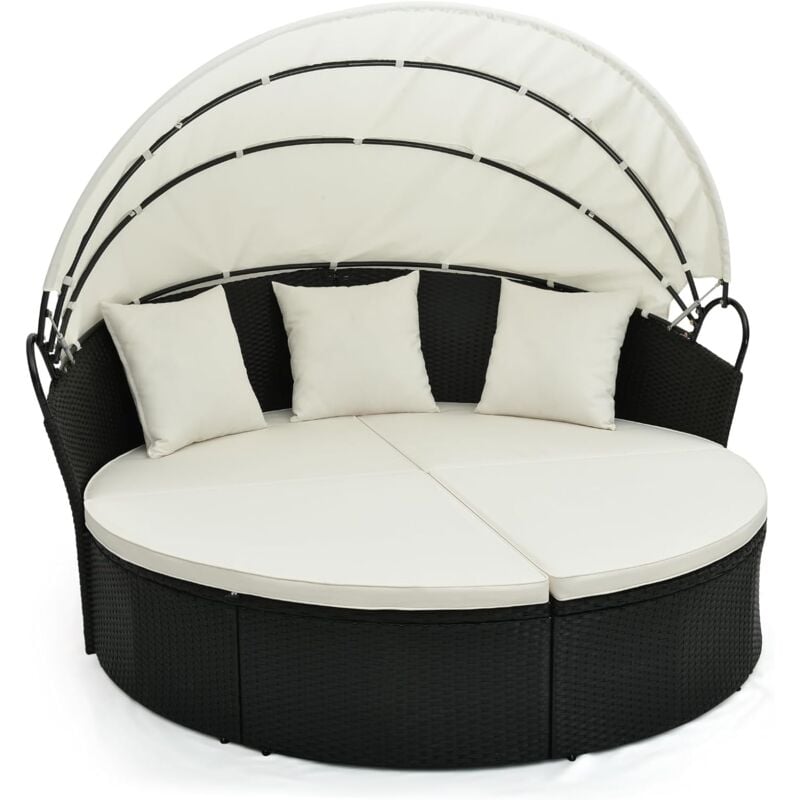 COSTWAY Lit de Jardin Rond en Rotin PE avec Auvent Rétractable, Ensemble de Chaises avec Coussins et Oreillers Amovibles Charge 360KG, pour Jardin