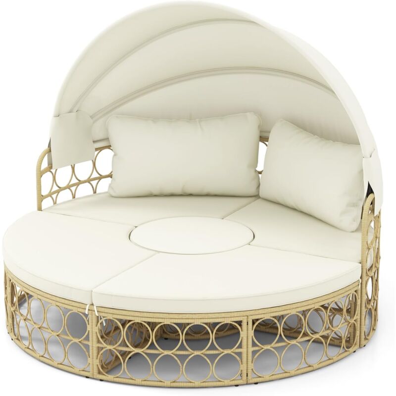 COSTWAY Lit de Jardin Rond en Rotin PE avec Auvent Rétractable, Ensemble de Chaises Sièges Séparés Coussins Doux Amovibles et Table Basse, Ensemble