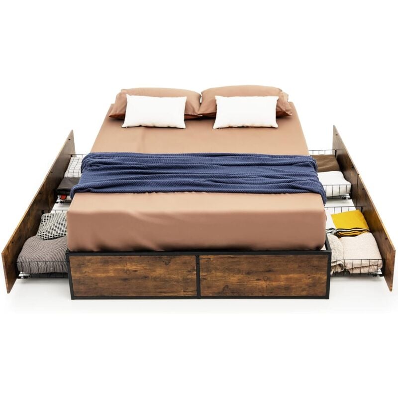 Lit Double pour Adulte Industriel, 140 x 200 cm, Structure de Lit avec 4 Tiroirs Roulants, Trous Réservé pour Tête de Lit - Costway