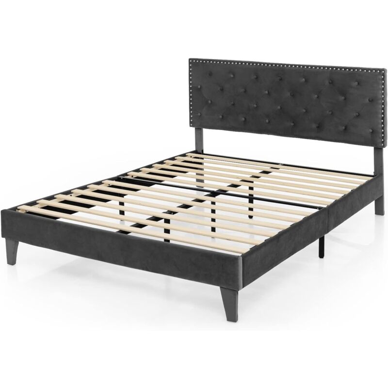 COSTWAY Lit Double avec Tête de Lit 180x200 cm, Cadre de Lit Plateforme Tapissé avec Tête de Lit à Dossier, Sommiers à Lattes en Bois, Lit Rembourré COSTWAY Lit Double avec Tête de Lit 180x200 cm, Cadre de Lit Plateforme Tapissé avec Tête de Lit à Dossier, Sommiers à Lattes en Bois, Lit Rembourré