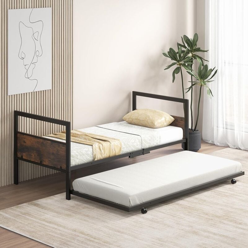 Lit Gigogne 90 x 200 cm, Lit Simple en Métal avec roulettes, Cadre de Lit Plateforme avec Tête et Pied de Lit, Lattes en Métal, pour Chambre