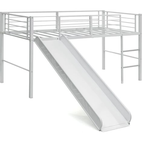 COSTWAY Lit Mezzanine 198 x 96 cm en Métal avec 4 Garde-corps de Sécurité,Echelle à 2 Marches et Toboggan Matelas non Inclus Blanc