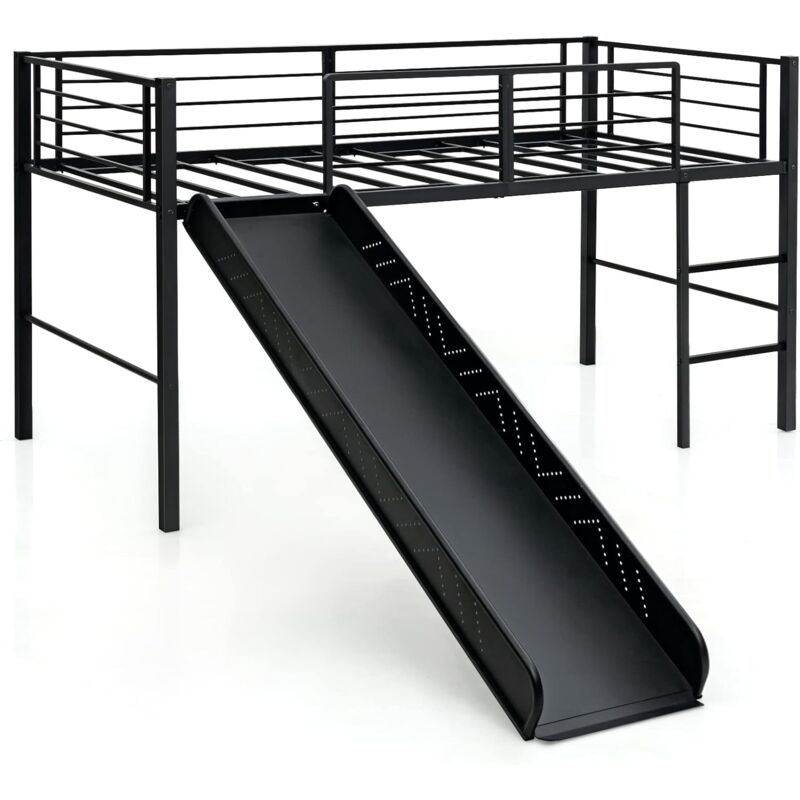 Lit Mezzanine 198 x 96 cm en Métal avec 4 Garde-corps de Sécurité,Echelle à 2 Marches et Toboggan Matelas non Inclus Noir - Costway