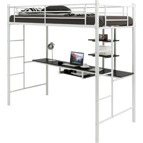 COSTWAY Lit Mezzanine en Métal avec Bureau, 2 Étagères et 2 Echelles, Lit pour Enfants et Adultes avec Lattes en Métal et Garde-Corps sur Toute la Longueur, pour Matelas de 90 x 190 cm (Blanc)