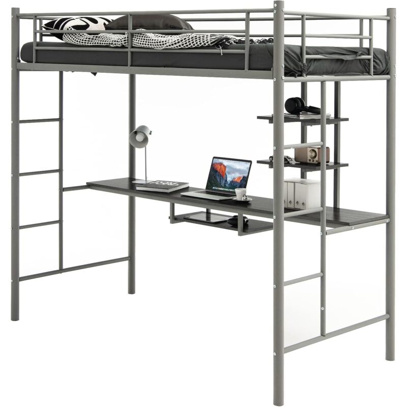 COSTWAY Lit Mezzanine en Métal avec Bureau, 90 x 190 CM, avec 2 Etagères, 2 Échelles, Garde-Corps sur Toute la Longueur, Argent
