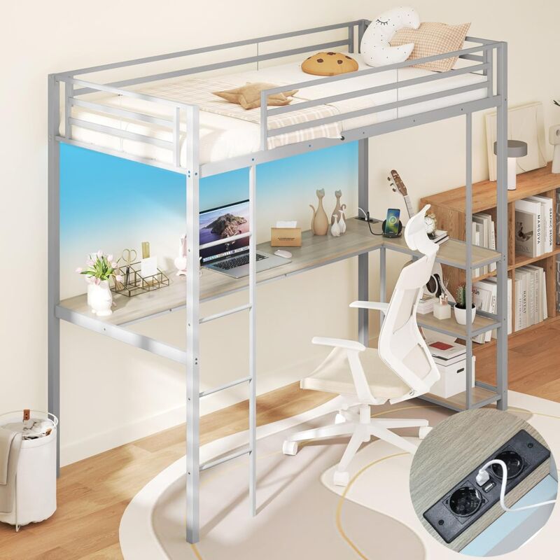 Lit Mezzanine Enfant 90 x 200 cm avec Bureau, Lit Superposé pour Enfants/Adolescents avec led, Station de Charge et Rangement, Lit Métallique avec