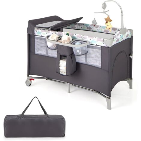 Costway – Lit parapluie bébé 5 en 1 avec matelas et table à langer amovible – Hauteur réglable – Boîte à musique et jouets suspendus – 0-3 ans (gris)