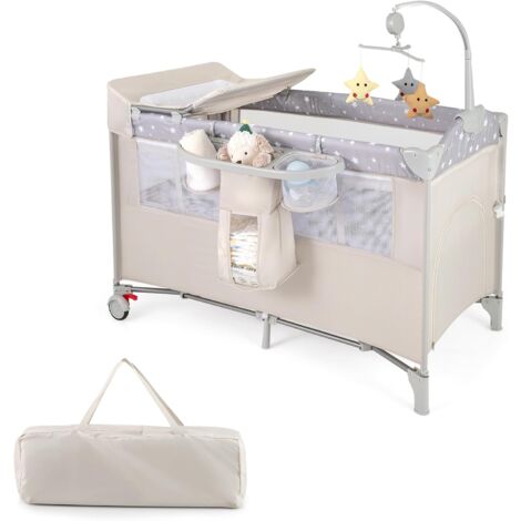 Costway – Lit parapluie bébé 5 en 1 avec matelas – Table à langer amovible – Hauteur réglable – Boîte à musique et jouets suspendus – Beige