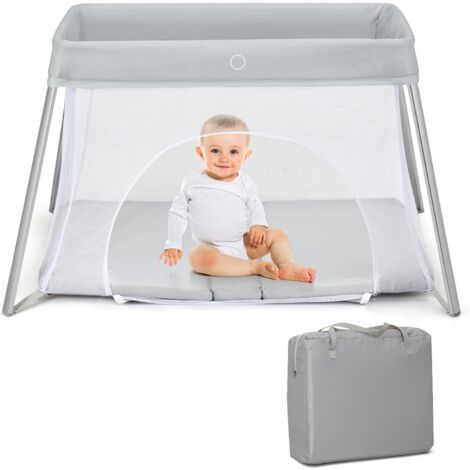 COSTWAY Lit Parapluie Bébé avec Matelas Doux & Lavable, Parc Pliable Bébé avec Fermeture Eclair, Sac de Transport, Charge 15kg pour Bébé de 1-3 Ans (Gris Clair)