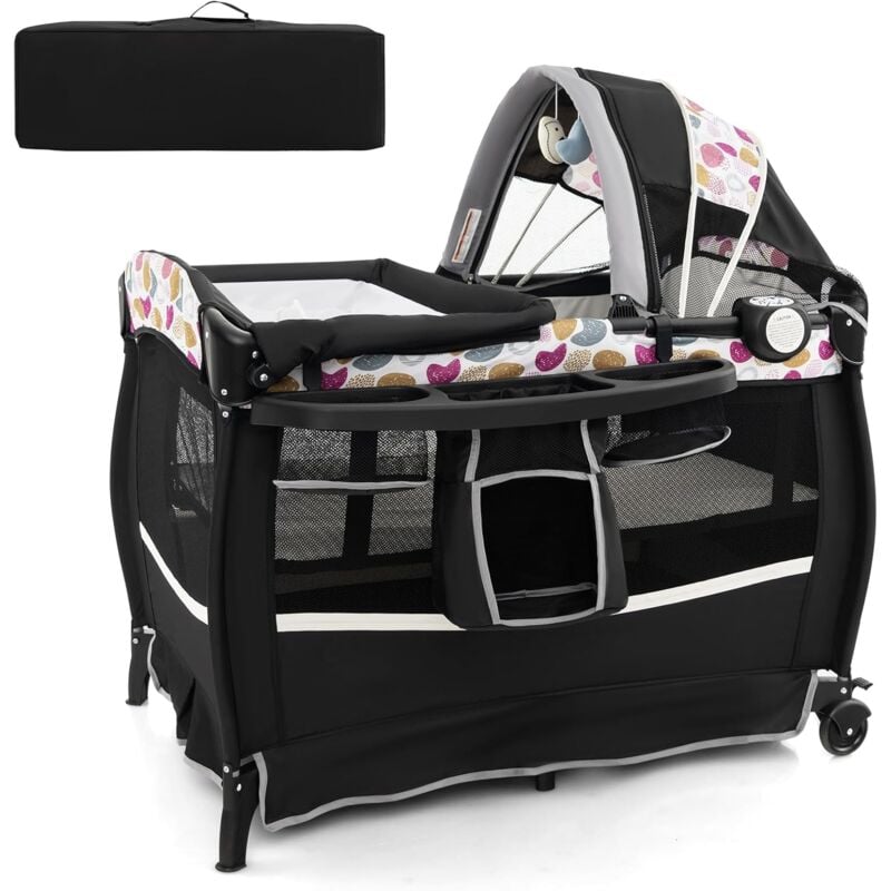 Costway - Lit Parapluie Bébé avec Matelas & Table à Langer Escamotable, Lit Bébé Évolutif avec Boîte à Musique & Jouets Suspendus, Auvent Réglable,