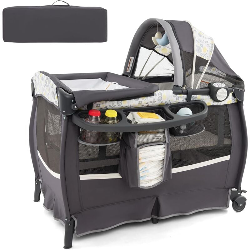 Costway - Lit Parapluie Bébé avec Matelas & Table à Langer Escamotable, Lit Bébé Évolutif avec Boîte à Musique & Jouets Suspendus, Auvent Réglable,