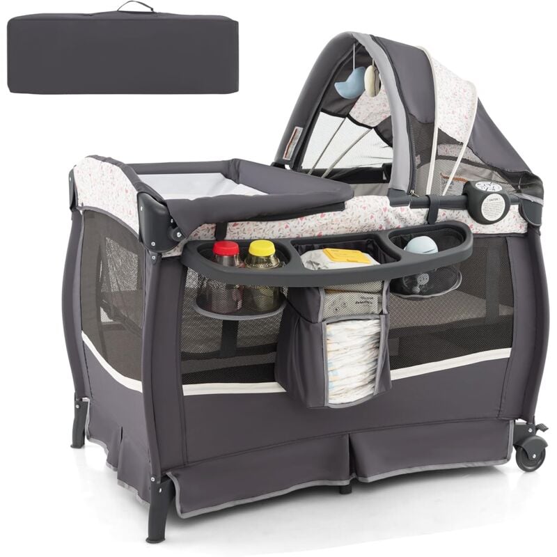 Costway - Lit Parapluie Bébé avec Matelas & Table à Langer Escamotable, Lit Bébé Évolutif avec Boîte à Musique & Jouets Suspendus, Auvent Réglable,