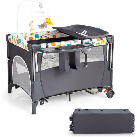 Costway Doppio lettino portatile per bambino con tenda Yurta e ruote, Culla  lettino per bimbi con zanzariera e giostra 110x78x200cm Grigio>