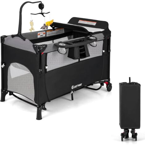 Costway – Lit parapluie bébé pliant 5 en 1 avec matelas – Berceau, parc bébé, table à langer – 4 hauteurs réglables, jouets suspendus, sac de transport