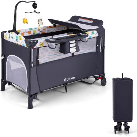 Costway – Lit parapluie bébé pliant 5 en 1 avec matelas – Berceau avec table à langer – 4 hauteurs réglables – Sac de transport – Gris