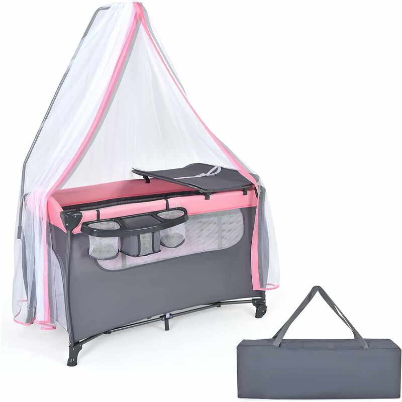 Costway - Lit Parapluie Pliant Bébé 3 en 1 avec Matelas Ciel Moustiquaire Couffin Table à Langer Roue Verrouillable Panier Rangement