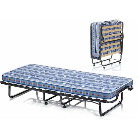 Costway – Lit pliant 1 personne 200 x 80 cm – Matelas en mousse mémoire 10 cm – 4 roues pour déplacement – Sommier 15 lattes en bois – Pliable pour rangement