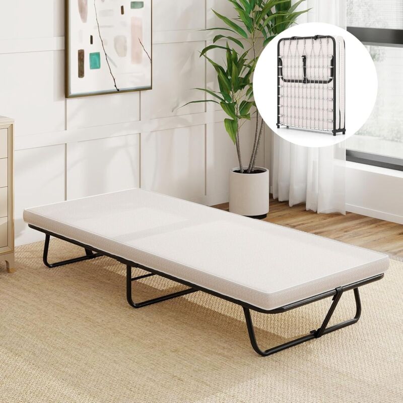 COSTWAY Lit Pliant 1 Personne 80x190 cm avec Matelas 7 cm, Lit d'Appoint Pliable Mousse à Mémoire de Forme, Structure Métallique à 4 roulettes, Gain