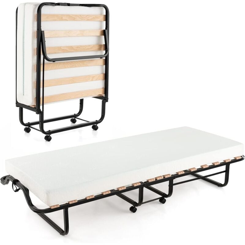 Costway - Lit Pliant 1 Personne Adulte 199x78CM avec Matelas en Mousse et Cadre en Métal, Lit d'Apoint Pliable à 4 roulettes et Sommier à 15 Lattes