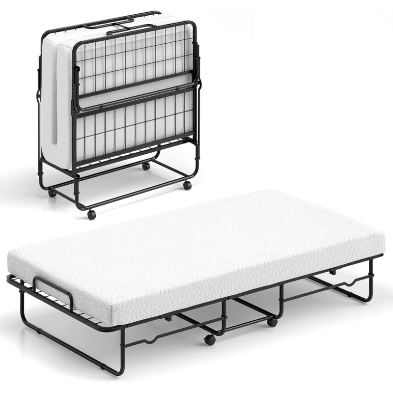 Lit Pliant 90 x 190 cm avec Matelas, Lit d'Appoint Simple avec Mousse à Mémoire de Forme, Cadre en Métal, Lit d'Appoint à roulettes Verrouillables,