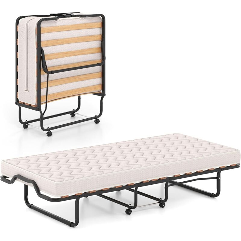 Lit Pliant 90x200 cm avec Matelas Orthopédique en Mémoire 10 cm, Lit d'Appoint Pliable Structure Robuste 4 Roues Pivotantes et Sommier à 15 Lattes de