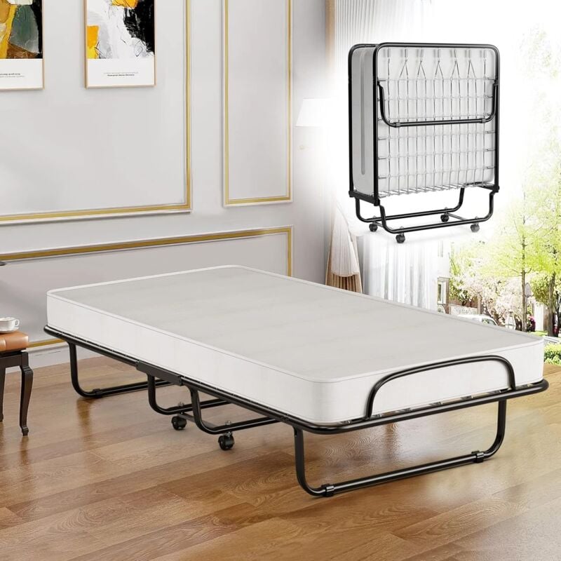 Lit Pliant avec Matelas en Mousse à Mémoire de Forme de 10 cm, Cadre de Lit en Métal Robuste en Forme de u, 4 Roues Universelles, Rangement Facile,