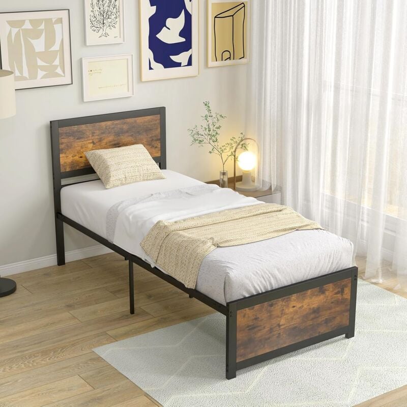 Lit Simple 190x200cm avec Sommier, Support à Lattes en Métal, Résistant au Grincement, avec Tête de Lit et Rangement sous Le Lit, Style Industriel,