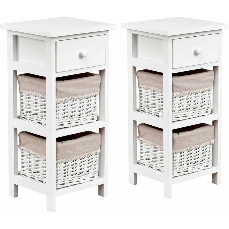 Costway - Lot 2 Tables de Chevet avec 1 Tiroir et 2 Panier d'Osier Amovible,Cadre en Bois de Paulownia Style Vintage Rustique