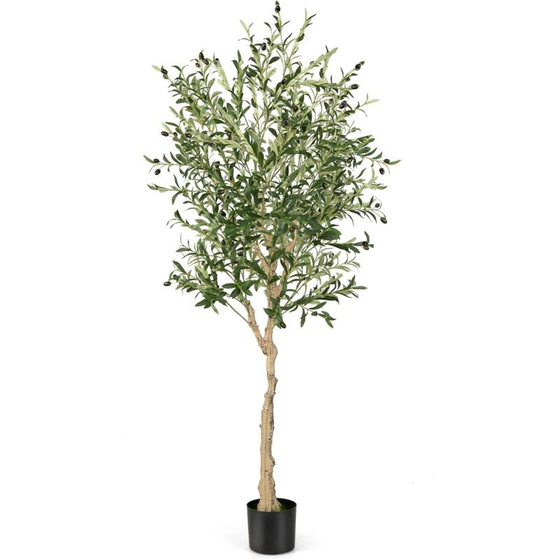 Costway - Lot de 1 Plante Artificielle en Pot Hauteur 185CM, Olivier Artificiel 1296 Feuilles en Soie 72 Fruits avec Base de Ciment Décoration pour