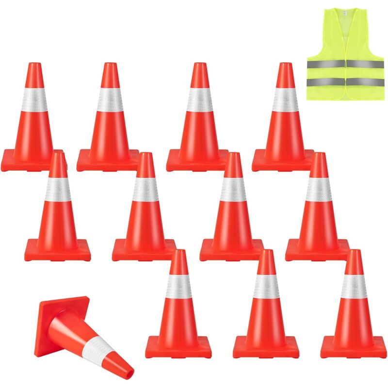 Lot de 12 Cônes de Signalisation Réfléchissant en pvc Hauteur 43cm avec Gilet Jaune, Cône de Sécurité Marqueur Attention Sécurité Multi-usages,