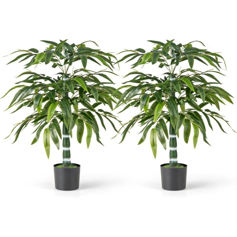 Costway - Lot de 2 Arbres Artificiels en Bambou de 100 cm, Fausses Plantes avec Pot en Plastique Branches Réglables Mousse Séchée Réaliste,