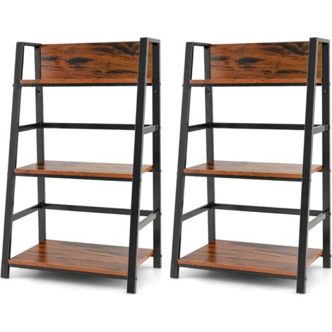 COSTWAY Lot de 2 Bibliothèque Industrielle à 3 Niveaux 54x34x90CM, Etagère Echelle en Bois Polyvalente Dispositif Anti-basculement et Cadre en Métal pour Salon Bureau Chambra