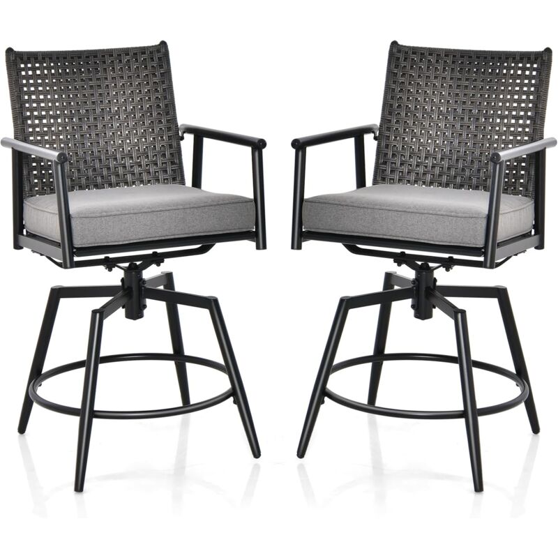 Lot de 2 Chaises de Jardin avec Coussin Amovible, chaises pivotantes à 360° avec Cadre en métal, Fauteuil d'Extérieur avec Dossier en Rotin pe Double