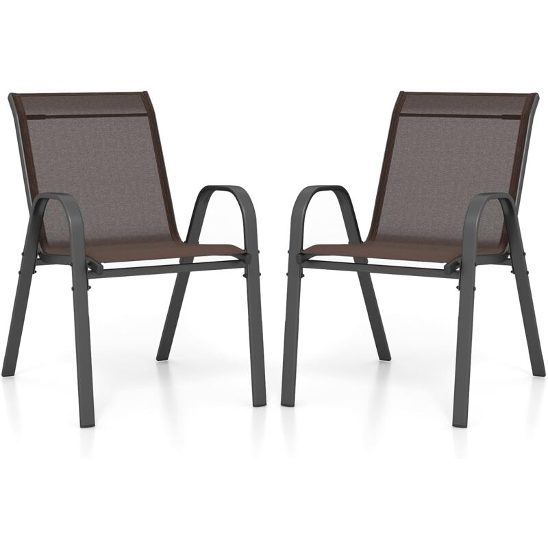 Lot de 2 Chaises de Jardin Exterieures avec Cadre en Métal, Chaise de Salle à Manger Empilable en Tissu Respirant, Fauteuil d'Extérieur pour Cour,