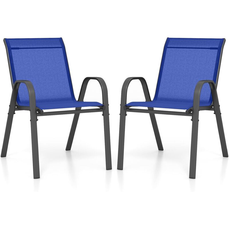 Lot de 2 Chaises de Jardin Exterieures avec Cadre en Métal, Chaise de Salle à Manger Empilable en Tissu Respirant, Fauteuil d'Extérieur pour Cour,