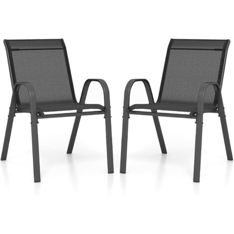 COSTWAY Lot de 2 Chaises de Jardin Exterieures avec Cadre en Métal, Chaise de Salle à Manger Empilable en Tissu Respirant, Fauteuil d'Extérieur pour Cour, Balcon, Piscine, Charge 150 KG (Noir,2)