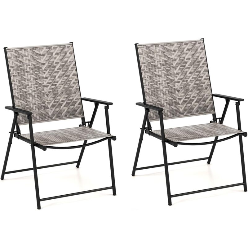 Costway - Lot de 2 Chaises de Jardin Pliante en Rotin pe, Fauteuil d'Extérieur avec Cadre en Métal, Chaise de Salle à Manger pour Patio, Terrasse,